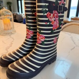 Austin Clothing Co. Navy Striped Pink Floral Slip-On Rain Boots Women's Size 9